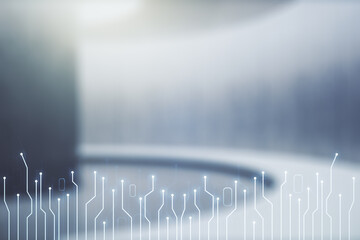Aufkleber - Abstract virtual micro circuit sketch on empty room interior background, future technology and AI concept. Double exposure