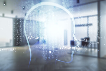 Aufkleber - Abstract virtual artificial Intelligence concept with human head sketch on a modern furnished classroom background. Double exposure