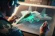© David - An engineer designing an electric aircraft using augmented reality and viewing the aircraft as a projection or hologram in high-tech laboratory. Generative ai