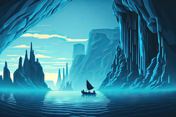 a boat floating in a body of water near a cave