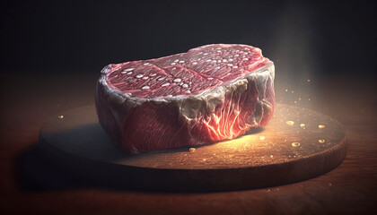 Juicy piece of meat on a wooden board, generative AI.