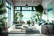 Ein modernes, hellgrünes Sommer-Strandhaus aus Holz mit Möbeln, generativer ai, entspannendem orangefarbenem Interieur und tropischer Aussicht, Luxusreisen, Meereshintergrund