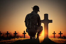 Silhouette Of Soldier In Front Of A Grave Of Soldiers Who Have Fallen In Wartime Combat. Generative AI
