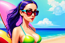 A Young Pretty Woman Having Fun On A Tropical Beach During Her Vacation. AI Generated Illustration