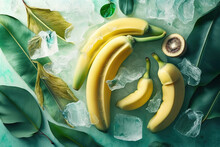 Background Of Beautiful Bananas On Frozen Surface And Green Leaves. Generative AI