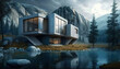 © ADDICTIVE STOCK - Awesome design of modern concrete house in a beautiful forest near lake. Generative IA