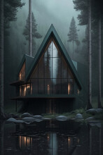 Modern Illuminated Glass House Placed Ina Misty Foggy Forest. Generative IA