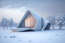 Ultra Modern Design Of Concrete House Placed In A Snowy Landscape. Generative IA
