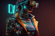 © ADDICTIVE STOCK - Humanoid in metaverse using VR Glasses surrounded by weird futuristic symbols. Generative IA