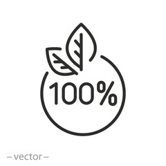 natural origin icon, 100% bio product, circle with leaves, line symbol on white background - editable stroke vector illustration eps10