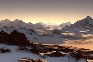 Wall Mural - desert landscape of cold planet, mountain landscape, snow. fantasy cold landscape. generative ai