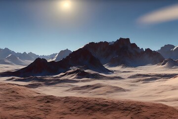 Wall Mural - desert landscape of cold planet, mountain landscape, snow. fantasy cold landscape. generative ai