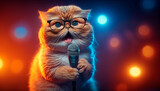 Fototapeta Tęcza - Cute cat wearing glasses singing in microphone on empty glowing stage. Generative AI