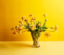 Dry Tulips On Table Against Yellow Background