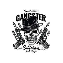 Original Monochrome Vector Illustration. Angry Skull Bandit In Hat On Background Of Two Guns And Bullets. T-shirt Or Sticker Design.