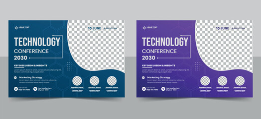 Wall Mural - Technology conference flyer and event invitation banner template design. corporate business workshop, meeting, training promotion poster