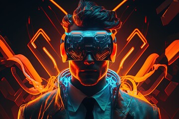 Futuristic man in virtual reality glasses on the background of a neon city. Cyberpunk, retrowave, synthwave, high definition, art, generative artificial intelligence