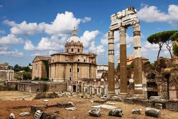 view of the roman forum, the forum of julius caesar with the ruins of the temple of venus ancestress