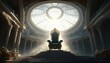 illustration of throne hall with light shine over throne through ornate stained glass window behind, Generative Ai
