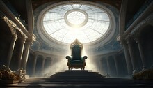 Illustration Of Throne Hall With Light Shine Over Throne Through Ornate Stained Glass Window Behind, Generative Ai
