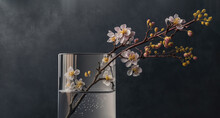 Glass Of Fresh Bossom Plum Flowers In Glass Vase With Water. Generative AI