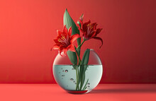 Vase With Decorative Red Lilies On Table. Generative AI
