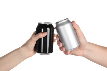 Friends clinking different cans on white background, closeup