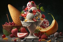 Still Life With Ice Cream And Fresh Fruit On A Green Background. Vibrant Rich Colors Sweets Restaurant Dessert High Resolution Art Generative Artificial Intelligence