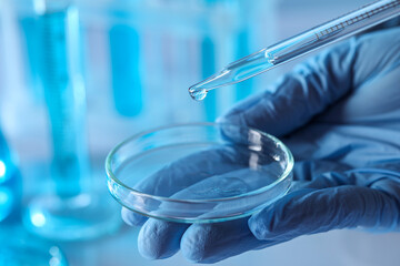 scientist dripping liquid from pipette into petri dish in laboratory, closeup