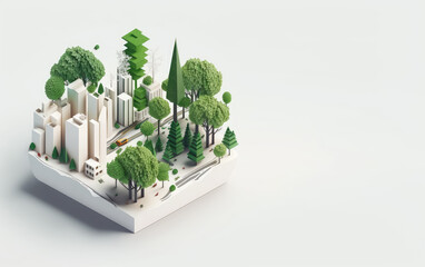 isometric sustainable city with green trees isolated on white background, copy space for text. 3d re