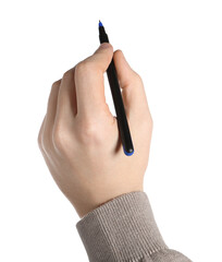 Wall Mural - Man holding pen on white background, closeup of hand