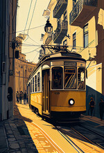 Illustration Of A Traditional Yellow Tramway In Lisbon, Generative AI