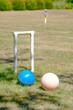 a hoop, post and 2 balls from a game of Croquet in a garden