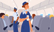 Stewardess in plane cabin. Flight attendant checks passengers and carries water. Aircraft board. Comfortable seats. People travel by airplane. Travelers trip. Garish vector concept
