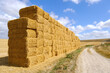 Large stack of hay bales in large field.