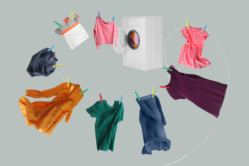 Poster - Drying laundry. Rope with different clothes flying out from washing machine on light grey background