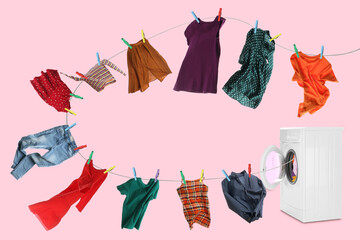 Canvas Print - Drying laundry. Rope with different clothes flying out from washing machine on pink background