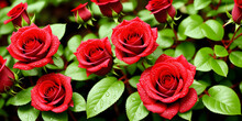 Beautiful Background Of Red Roses With Green Leaves, With Dew Drops. Generative AI