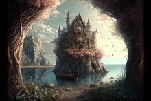 Beautiful Elven Fantasy Castle. Lake, Vintage Style, Nature, Wood Ornament, Dark Shades, High Resolution, Art, Generative Artificial Intelligence