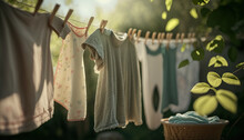 Washed Clothes On Clothesline Drying On Rope Outside. Outdoor Background. AI Generative Image.