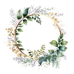 Wall Mural - Delicate greenery wreath with a gold hoop. Watercolor green leaf and foliage frame. Botanical painting. Generative AI