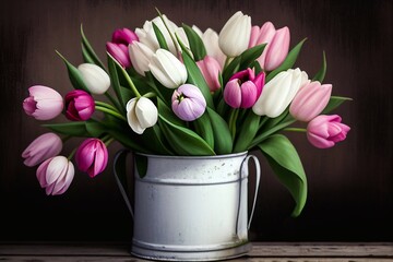 Fototapete - Bouquet of tulips in a metal bucket Generative AI