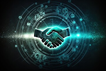 Shaking hands at the conclusion of a business deal. Cryptocurrency, blockchain, bitcoin, mining, financial transactions, high resolution, art, generative artificial intelligence