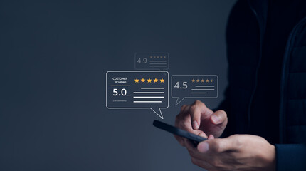 User give rating to service excellent experience on mobile phone application, Client evaluate quality of service reputation ranking of business. Customer review satisfaction feedback survey concept.