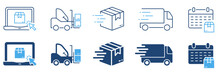 Order Package Cargo Shipment Silhouette And Line Icon Set. Shipping Transportation Cardboard Parcel Box Pictogram Collection. Fast Delivery Service Sign. Isolated Vector Illustration