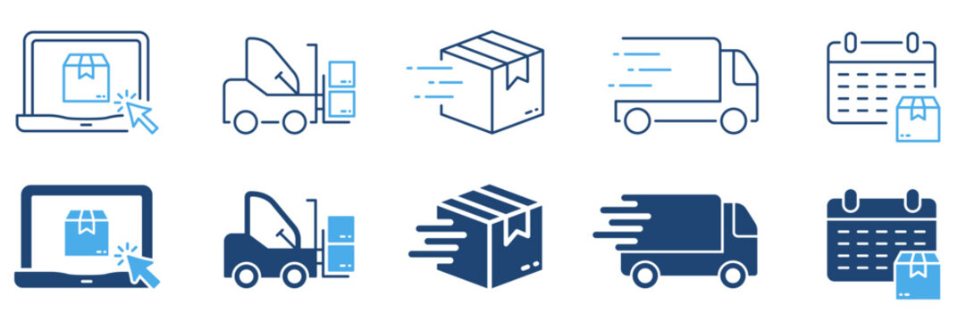 order package cargo shipment silhouette and line icon set. shipping transportation cardboard parcel 
