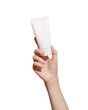 Hand holding blank white plastic tube on transparent background. Cosmetic beauty product branding mockup. 