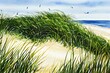 Coastal dune, sea grass, beach on the background of the sea with copy space. Hand drawn watercolor illustration, isolated on white background. Generative AI