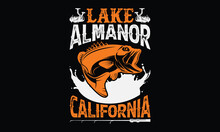 Lake Almanor California - Hand-drawn Lettering Phrase, SVG T-shirt Design. Ocean Animal With Spots And Curved Tail Blue Badge, Vector Files EPS 10.