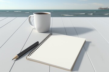 Wall Mural - Open Spiral Notebook empty page and coffee mug on white wooden desk. Planner. Notepad. Generative AI.